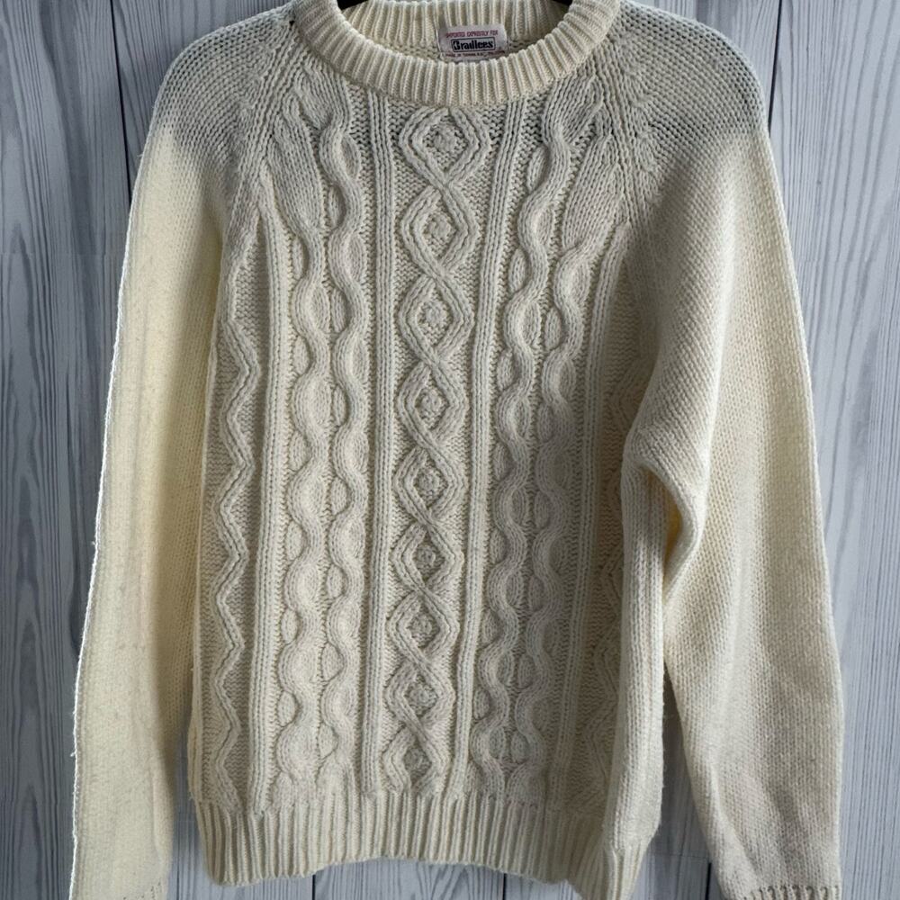 Vintage 70s Bradlees Acrylic Cable Knit Cream Sweater Size Large